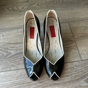 Hugo Boss Peep Toe Patent  Leather Black and White Trim Pumps